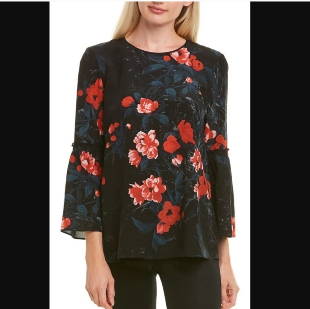 Lafayette 148 New York Black and Red Floral 3/4 Sleeve 100% Silk Blouse Size XL